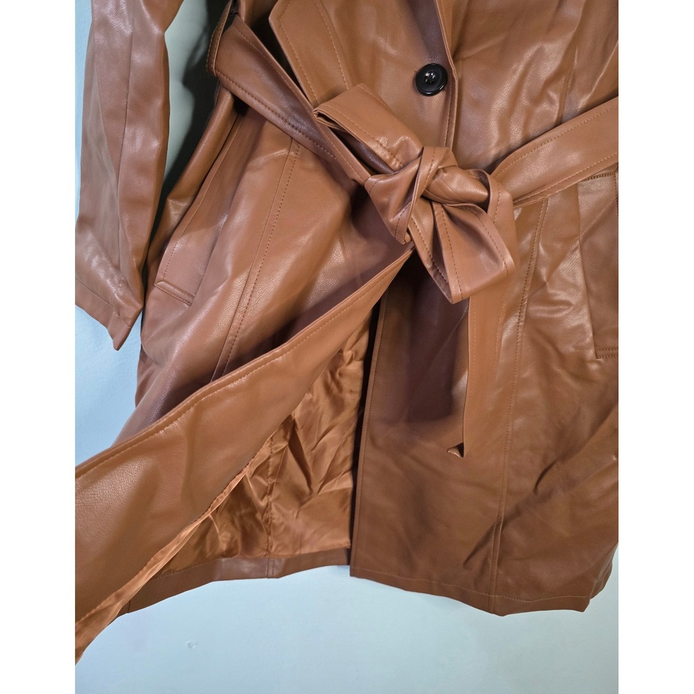Utcoco Faux Leather Trench Coat Brown Belted Jacket Size M NEW - Picture 7 of 16